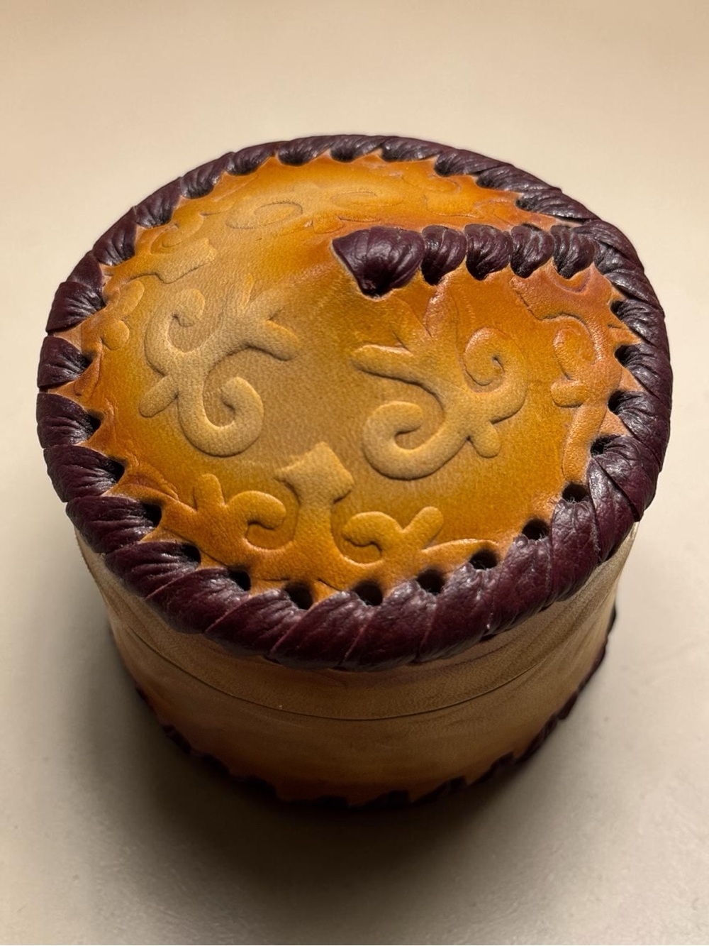 Hand-Tooled Leather Trinket Box in Two-Tone Brown
